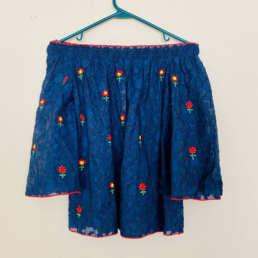 ANTHROPOLOGIE/ PAYAL JAIN Jayna Embroidered Off The Shoulder Navy Top - Sz XS - Picture 5 of 11